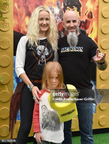 Musician Scott Ian of Anthrax, wife Pearl Aday and son Revel Ian arrive at the premiere of 'The LEGO Ninjago Movie' at Regency Village Theatre on...
