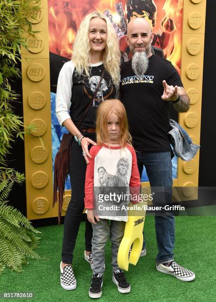 Musician Scott Ian of Anthrax, wife Pearl Aday and son Revel Ian arrive at the premiere of 'The LEGO Ninjago Movie' at Regency Village Theatre on...