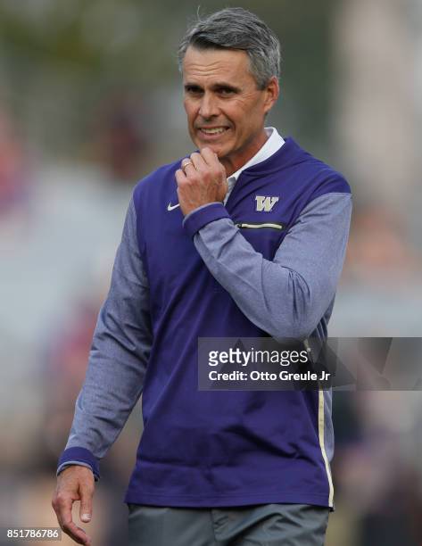 Head coach Chris Petersen of the Washington Huskies looks on prior to the game against the Fresno State Bulldogs at Husky Stadium on September 16,...