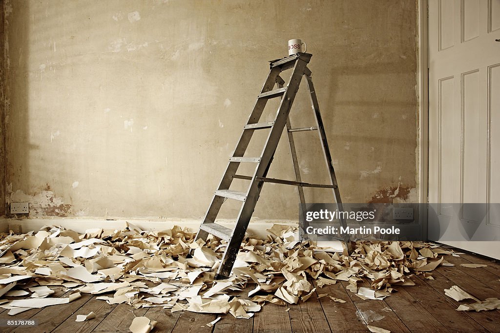 Ladders next to a stripped bare wall