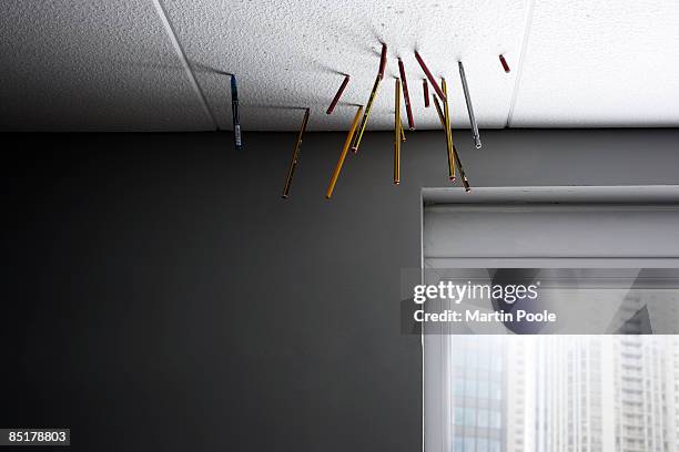 pencils stuck in celling tiles in office - boredom concept stock pictures, royalty-free photos & images