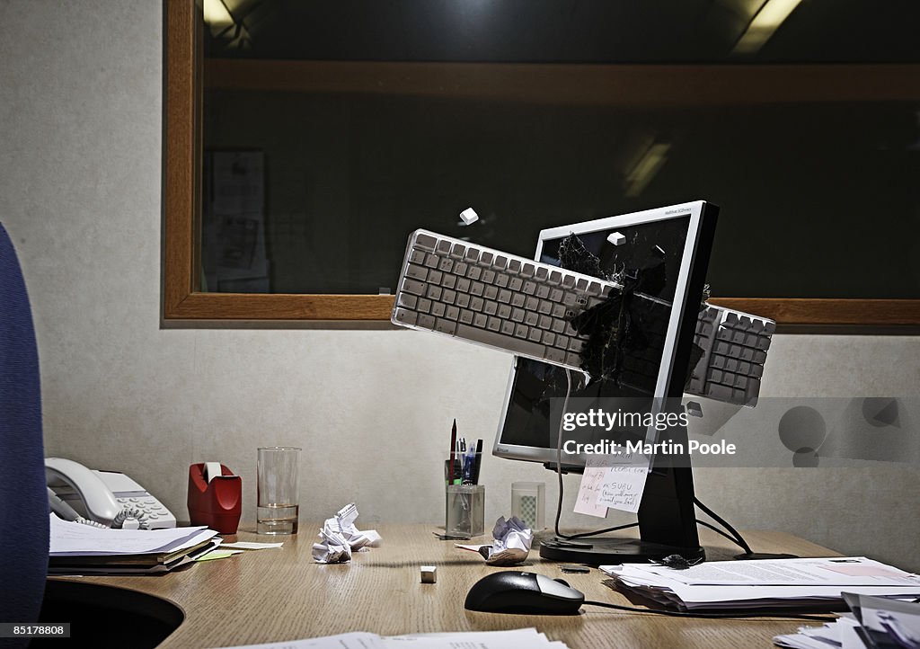 Computer keyboard smashed through screen