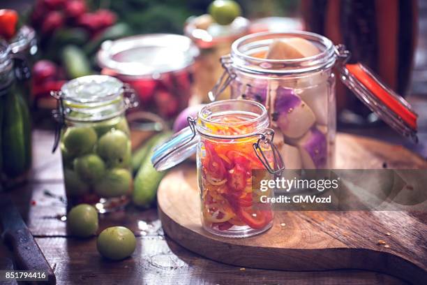 preservando orgânicos tomates verdes, páprica e rabanetes em frascos - pickles - fotografias e filmes do acervo