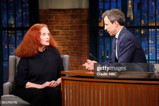 Episode 582 -- Pictured: Grace Coddington talks with host Seth Meyers during an interview on September 22, 2017 --