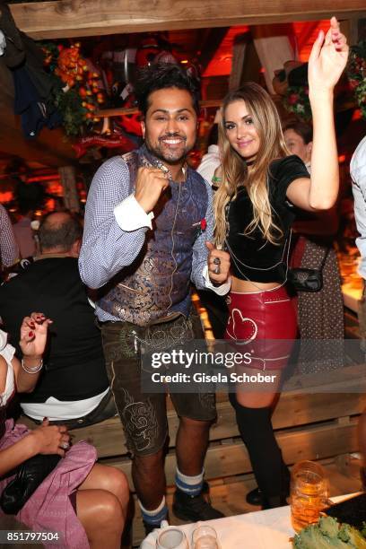 Samuel Sohebi, celebrates his birthday with Michela Federico during the Oktoberfest at Kaefer Schaenke Theresienwiese on September 22, 2017 in...