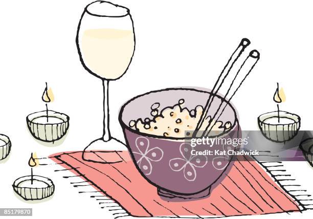 a bowl of rice, a glass of wine and candles - brown rice white background stock illustrations