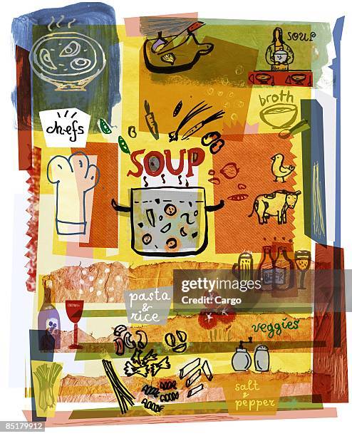collage illustrating the preparation of soup - making pasta stock illustrations