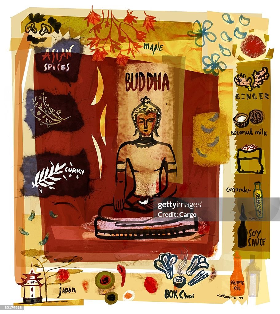 Collage of a Buddha statue with Asian spices and food