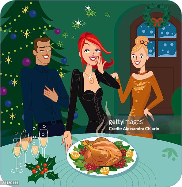 ilustraciones, imágenes clip art, dibujos animados e iconos de stock de a woman showing her friends christmas turkey dinner - banquete navidad