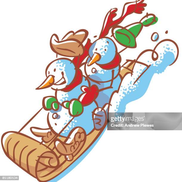 ilustrações, clipart, desenhos animados e ícones de two snowmen riding downhill on a sled - tobogganing