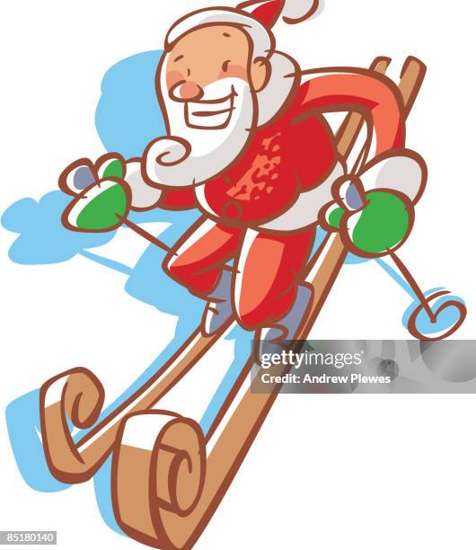 santa claus skiing downhill - ski humour stock-grafiken, -clipart, -cartoons und -symbole