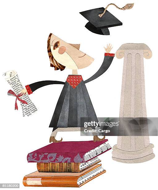 a graduate holding a diploma throws cap in the air, while standing on books next to a column - graduation cap throw stock illustrations