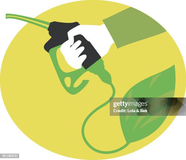 ilustraciones, imágenes clip art, dibujos animados e iconos de stock de a hand holding a gas pump that is attached to a leaf - biodiesel