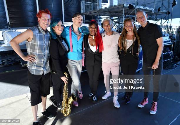 Adrian Young, Davey Havok, Tony Kanal, and Tom Dumont of Dreamcar with musicians, pose backstage at Downtown Stage during day 1 of the 2017 Life Is...