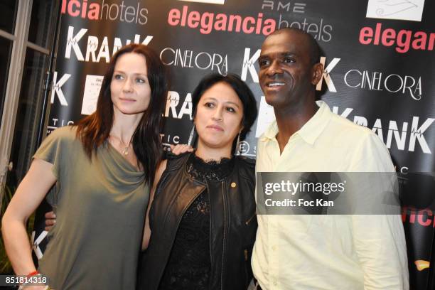 Actress Sabine Crossen, director Caroline Chu and singer Jeffrey Mpondo attend "Krank" Screening Cocktail at SACD on September 22, 2017 in Paris,...