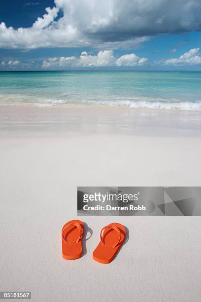 pair of flip flops on a deserted tropical beach - thong stock pictures, royalty-free photos & images