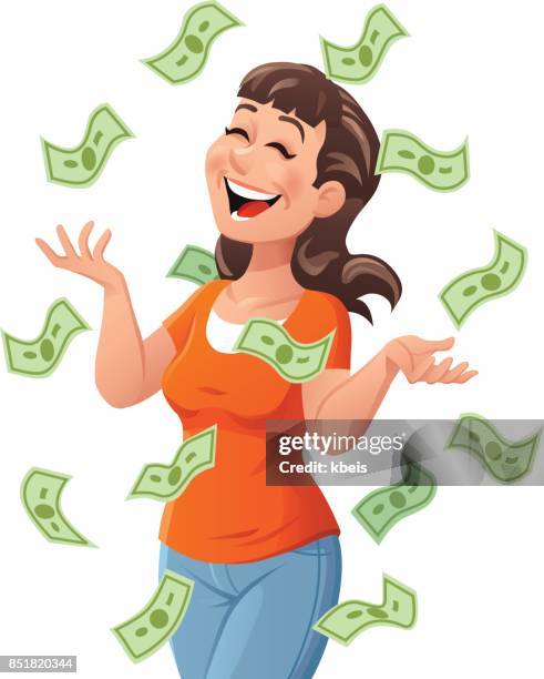 young woman getting rich - pennies from heaven stock illustrations