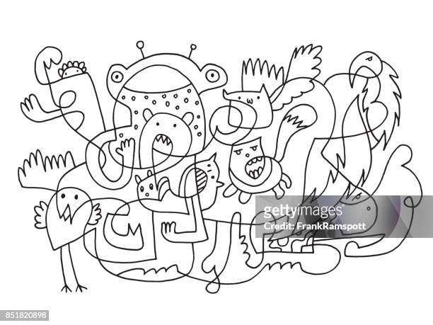 lustige doodle tiere abstrakte zeichnung - doodle tiere stock-grafiken, -clipart, -cartoons und -symbole