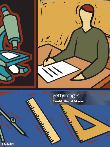 montage of a microscope, a student writing at desk, a ruler, a triangle and a compass - triangle ruler stock illustrations