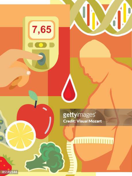 collage of an overweight man measuring waist, fresh fruit and vegetables, a drop of blood, a blood glucose monitor, and dna - glucose molecule stock illustrations