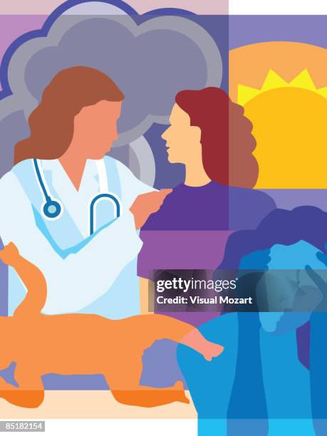 collage of a sun, clouds, a doctor talking to patient, a newborn baby and a woman holding her head - major depressive disorder stock illustrations