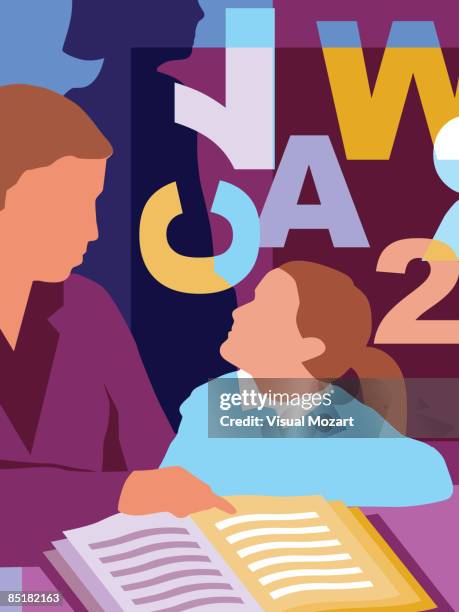collage of an adult teaching a dyslexic child how to read, and some letters and numbers - special education stock illustrations