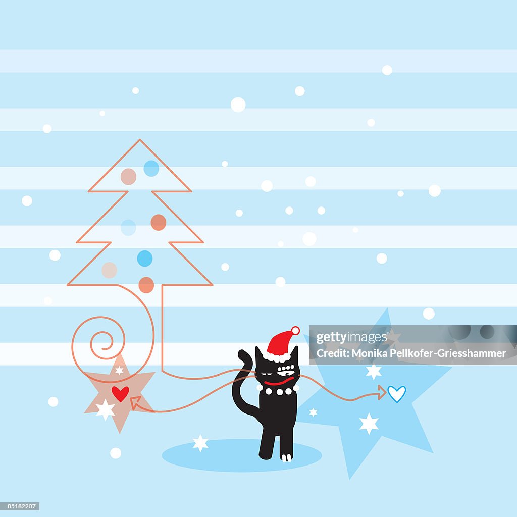 A black cat wearing a Santa hat next to a Christmas tree and stars