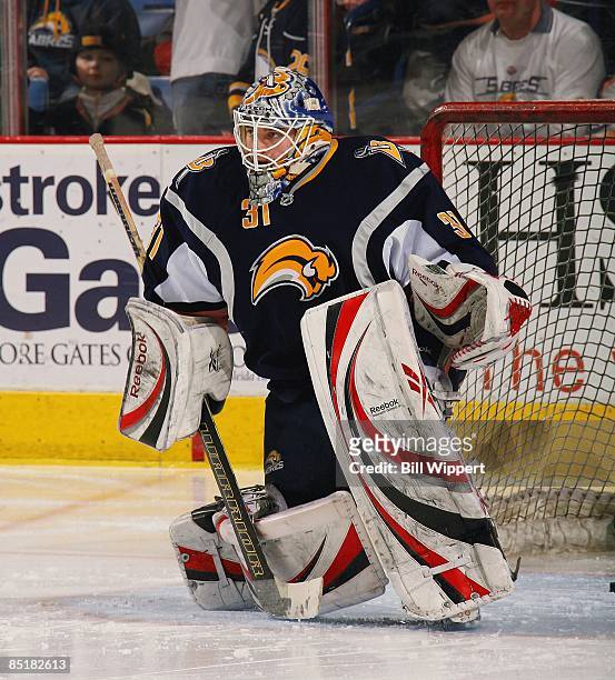 Jhonas Enroth of the Buffalo Sabres warms up before a game against the Anaheim Ducks on February 24, 2009 at HSBC Arena in Buffalo, New York.