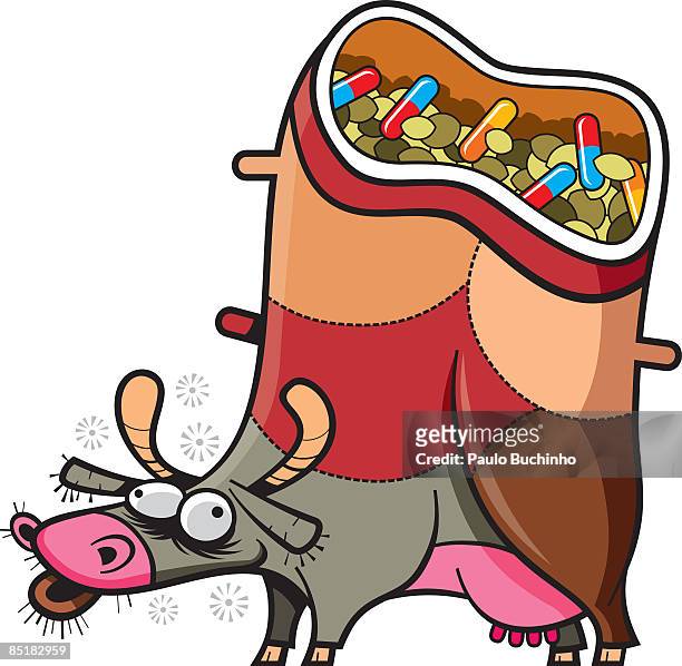 a drugged up cow full of hormones and pills - drug misuse stock illustrations
