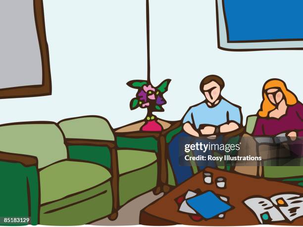 stockillustraties, clipart, cartoons en iconen met a couple reading magazines in a waiting room - poliklinische zorg