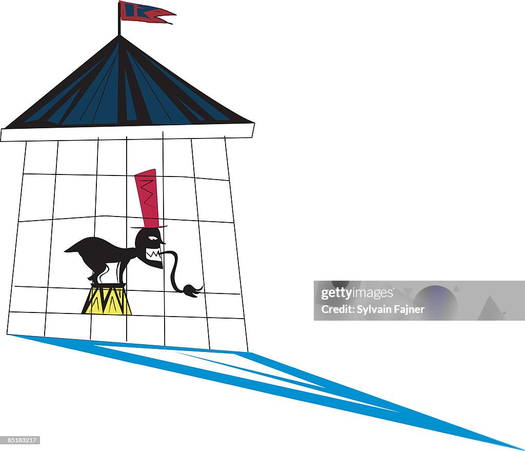 Illustration of a ringmaster eating a lion in a circus tent