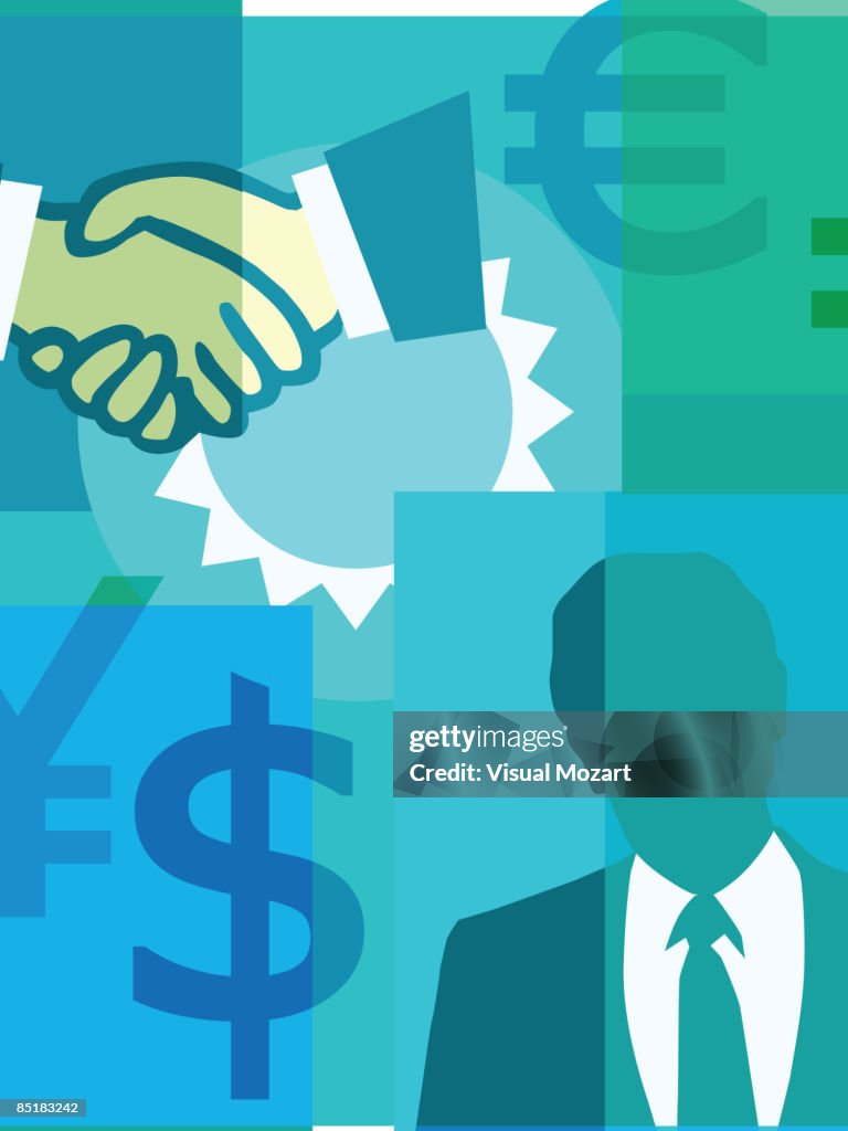 A montage of a businessman, a handshake, and currency symbols