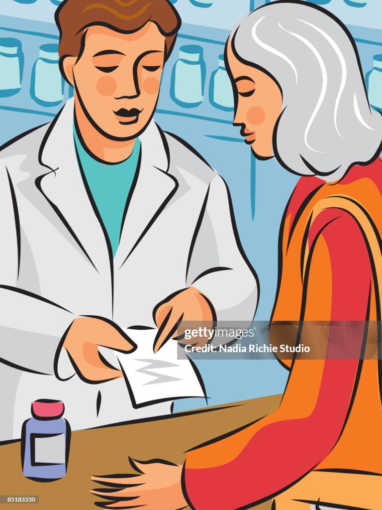 A pharmacist explaining about hormone replacement therapy medication to a woman