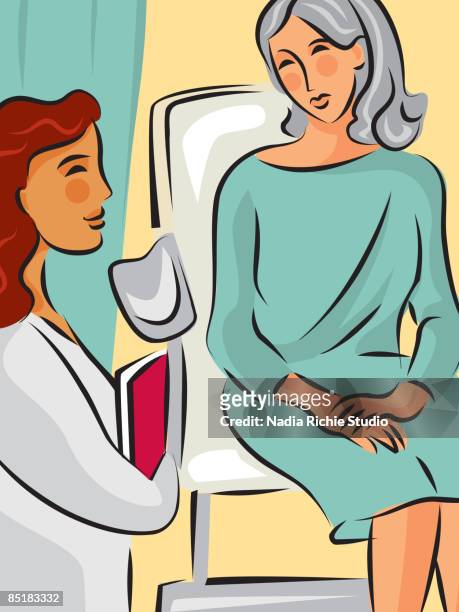 ilustraciones, imágenes clip art, dibujos animados e iconos de stock de a woman sitting on an exam table talking to her doctor about her pap test - papanicolau