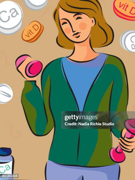 stockillustraties, clipart, cartoons en iconen met a woman lifting weights with calcium and vitamin d pills in the background - vitamine d