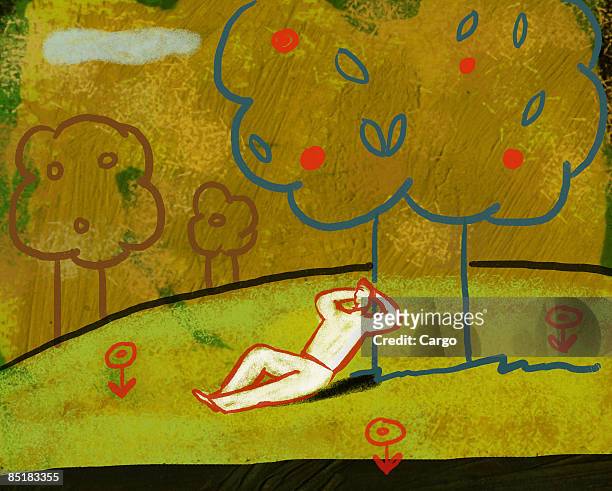illustration of a man lying down and relaxing under a fruit tree - lying down stock-grafiken, -clipart, -cartoons und -symbole