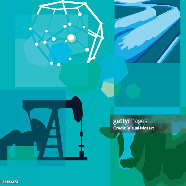 ilustraciones, imágenes clip art, dibujos animados e iconos de stock de montage illustration about methane reduction containing a cow, methane filled pipes and drilling equipment - ganaderia