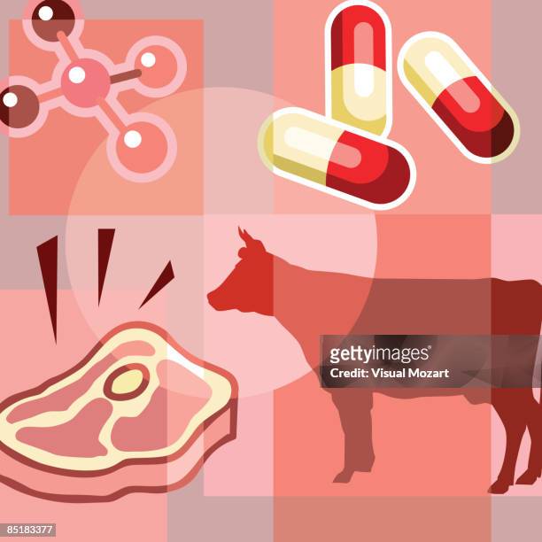 illustrazioni stock, clip art, cartoni animati e icone di tendenza di montage illustration about antibiotics in meat containing pills, molecules, a cow and a steak - antibiotico