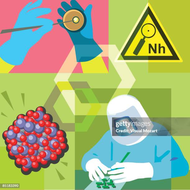 stockillustraties, clipart, cartoons en iconen met montage illustration about nanotechnology containing a nanohazard symbol, molecules and a researcher - visor digital