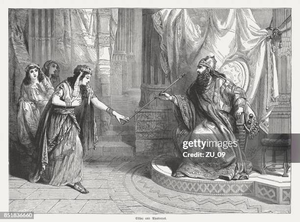 esther goes to the king ahasveros, wood engraving, published 1886 - xerxes stock illustrations