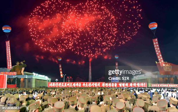 This September 6, 2017 picture released from North Korea's official Korean Central News Agency on September 7, 2017 shows fireworks displaying while...