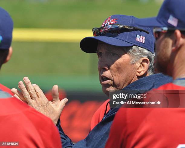 Manager Davey Johnson of the USA World Baseball Classic team directs a practice March 2, 2009 at Bright House Field in Clearwater, Florida.