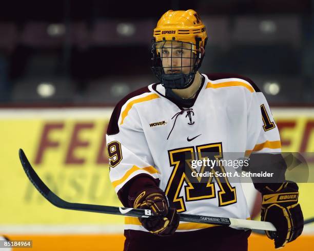 February 27: Jordan Schroeder of the Minnesota Gophers skates in warmups before a game with the Minnesota Duluth Bulldogs on February 27, 2009 at...