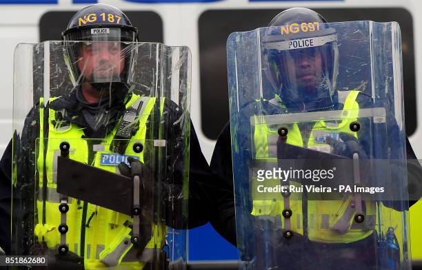 Riot police during an EDL march at Centenary Square in Birmingham.