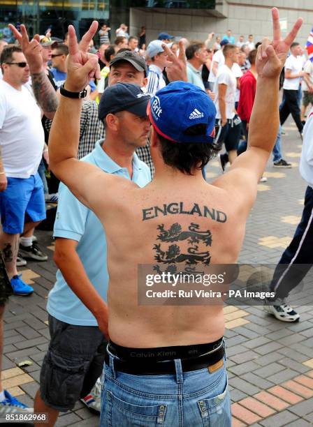 People gather before an EDL march at Centenary Square in Birmingham.