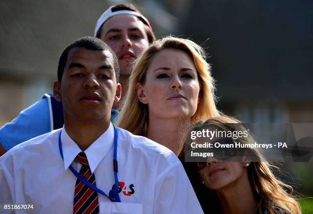 Lindsey Vonn , girlfriend of USA's Tiger Woods watches him putt on the 9th green alongside Nadine Moze, girlfriend of USA's Fred Couples during day...