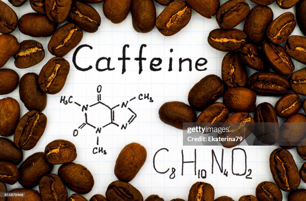Chemical formula of Caffeine with coffee beans background.
