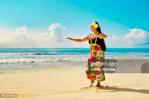 portrait of hawaiian hula dancer on the beach - hawaiian print dress stock pictures, royalty-free photos & images