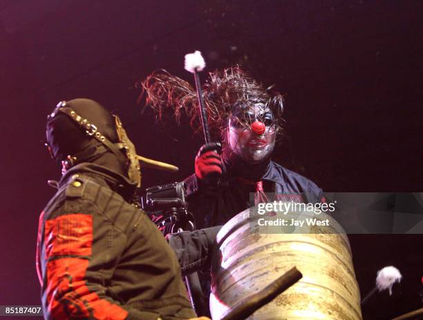 Percussionists Chris Fehn and Shawn "Clown" Crahan of Slipknot perform in concert at The Freeman Coliseum on March 1, 2009 in San Antonio, Texas.