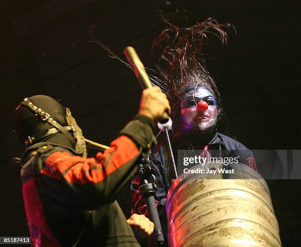 Percussionists Chris Fehn and Shawn "Clown" Crahan of Slipknot perform in concert at The Freeman Coliseum on March 1, 2009 in San Antonio, Texas.